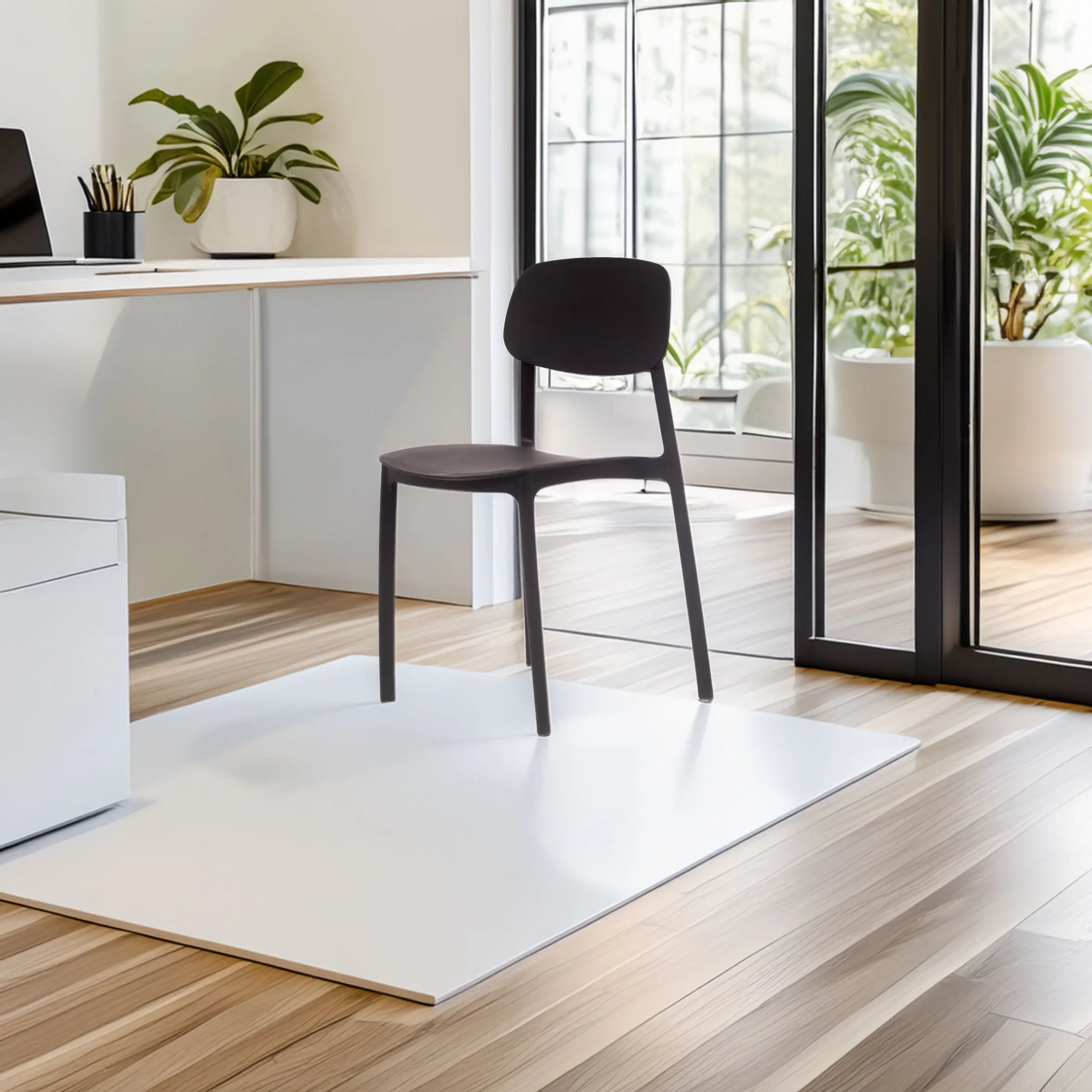 Sleek black chair on a white mat in a modern office with light wood flooring. A desk with a plant, and large windows revealing lush greenery.