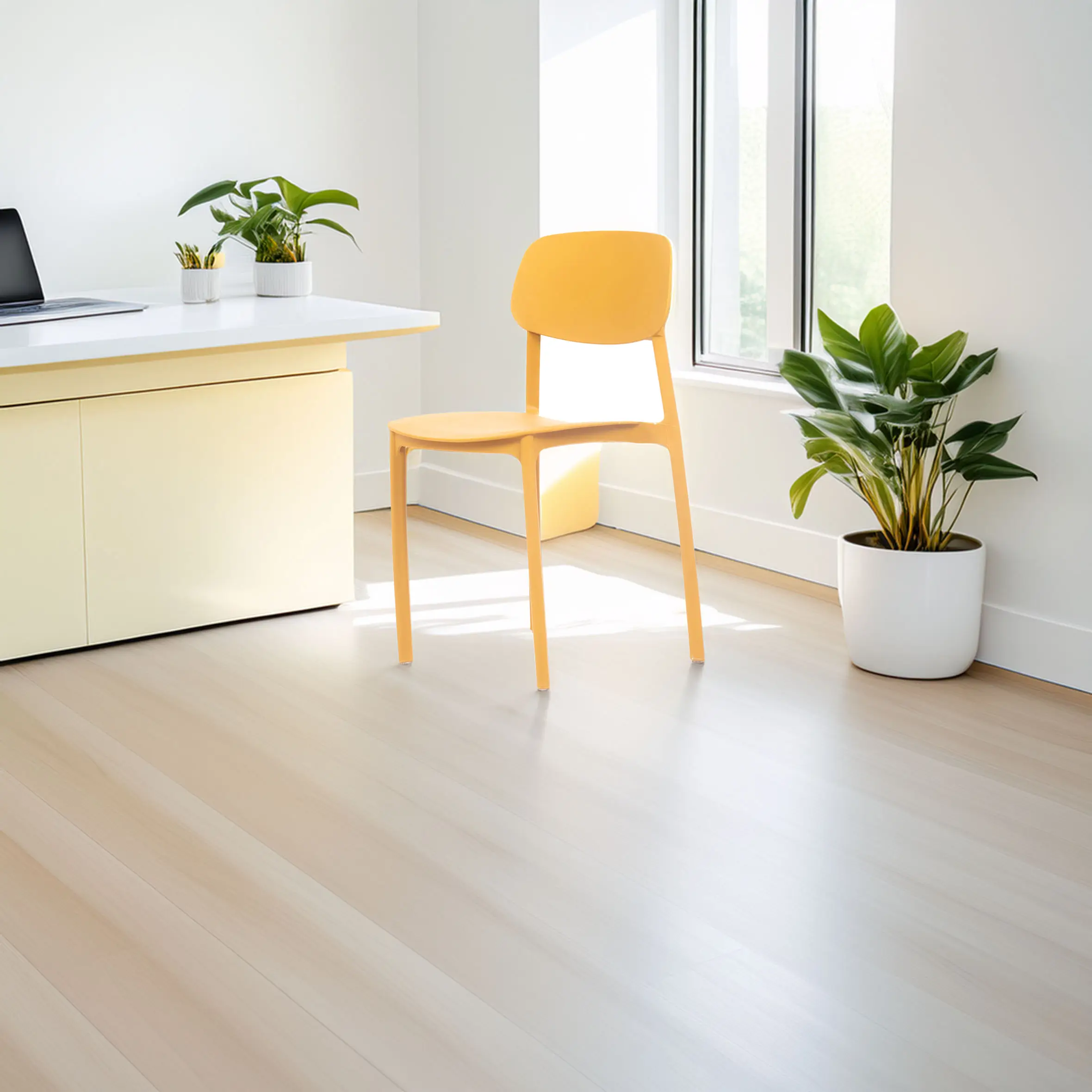 A minimalist office features a yellow chair, a light yellow desk with a laptop and plants, sunlight from a window, and a potted plant, creating a bright, calm atmosphere.