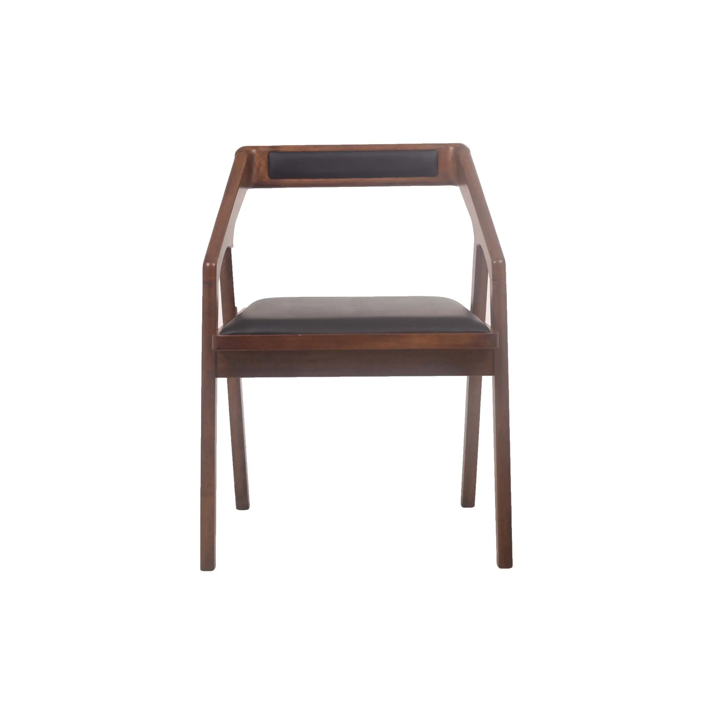 A modern wooden chair with a black cushion sits on polished wooden floors in a bright room, alongside a wooden desk and shelves, evoking a sleek, minimalist design.