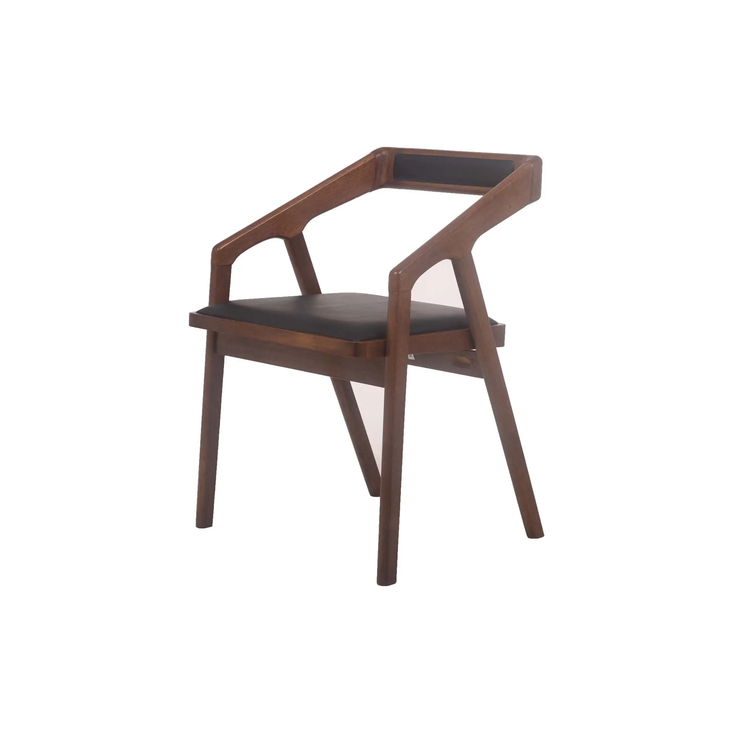 A modern wooden chair with a black cushion sits on polished wooden floors in a bright room, alongside a wooden desk and shelves, evoking a sleek, minimalist design.