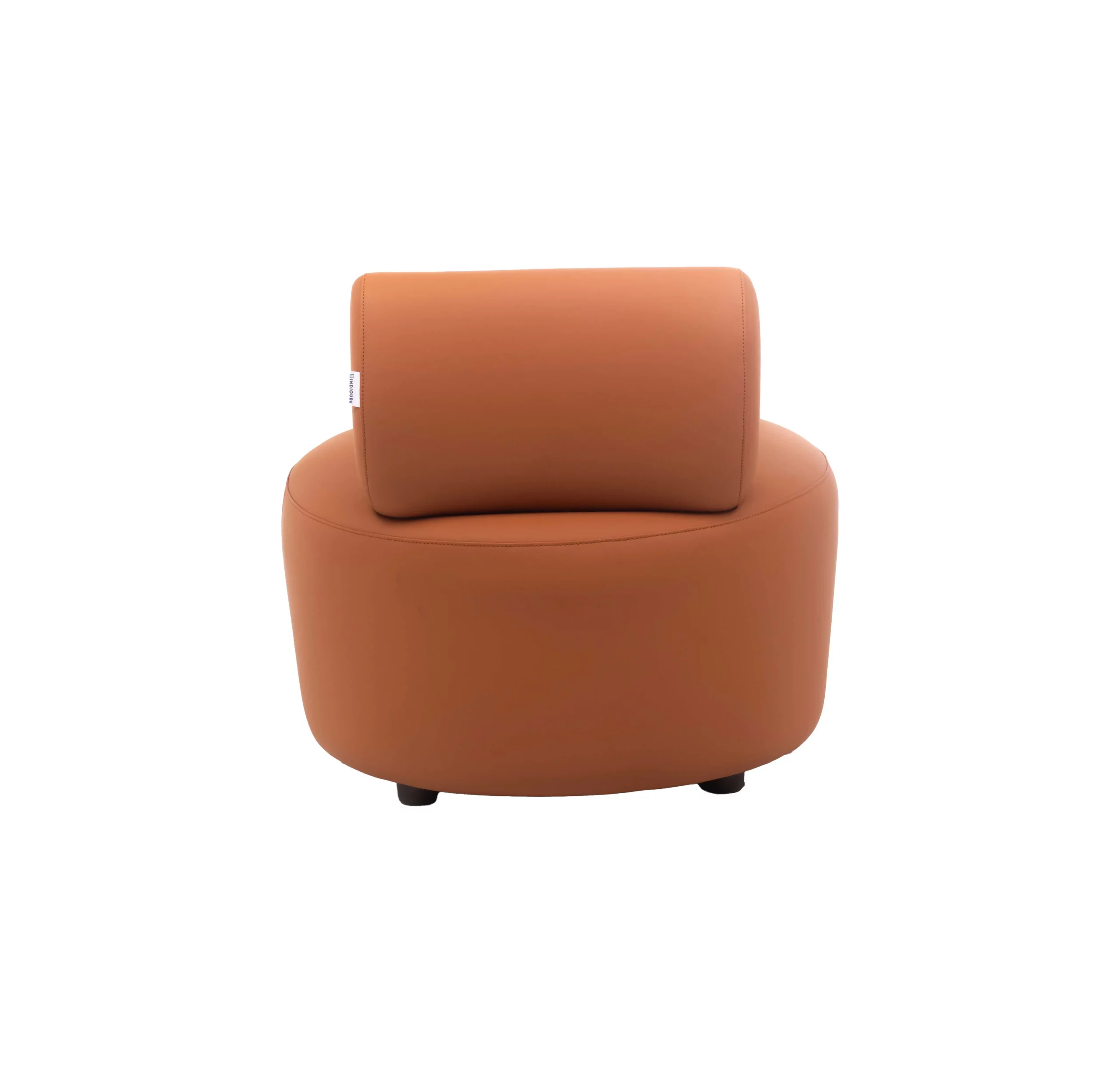 A modern, round, orange chair with a cylindrical backrest on light wood flooring. Background features a plant, striped walls, and a window, creating a sleek, serene ambiance.