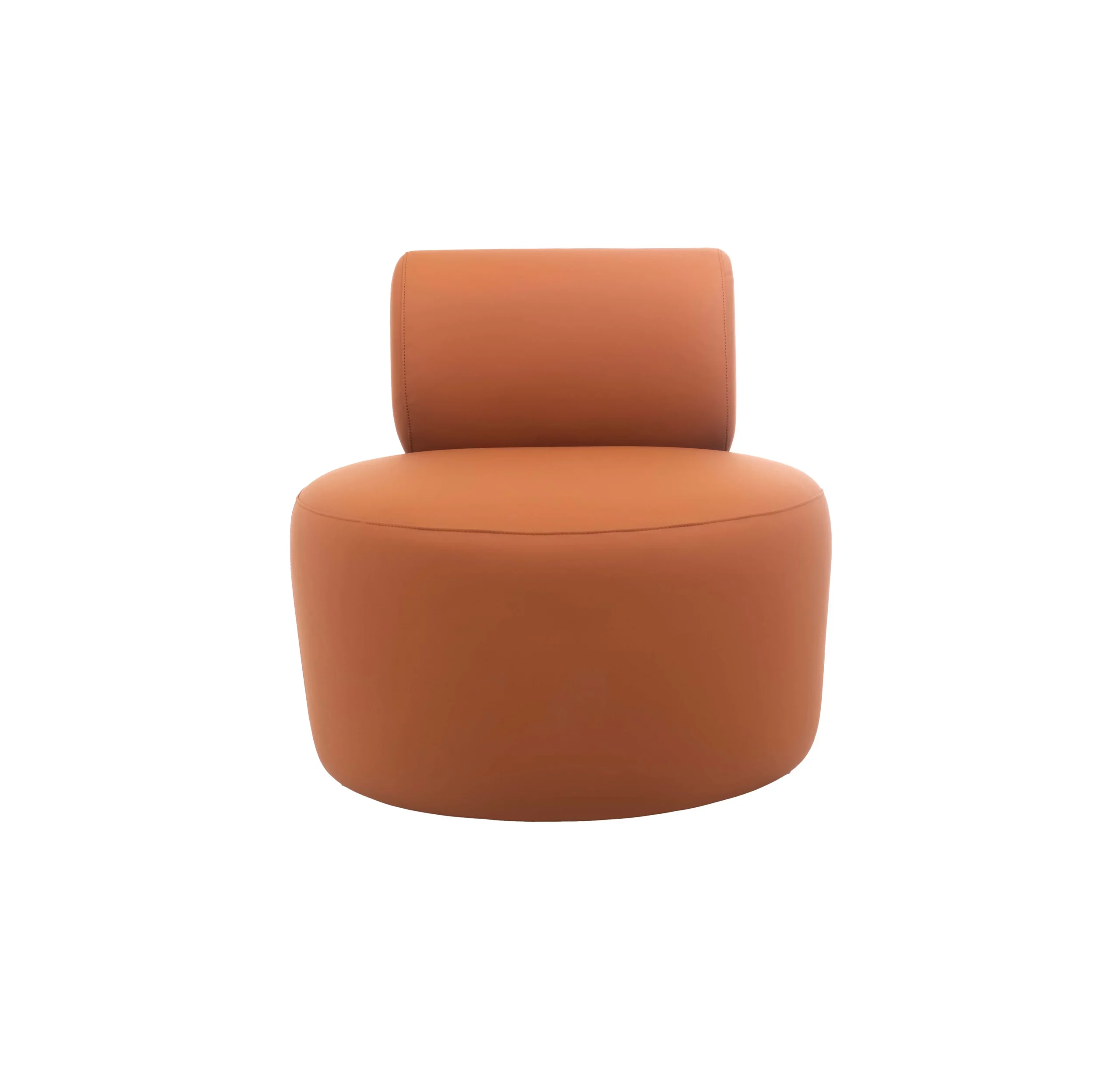 A modern, round, orange chair with a cylindrical backrest on light wood flooring. Background features a plant, striped walls, and a window, creating a sleek, serene ambiance.