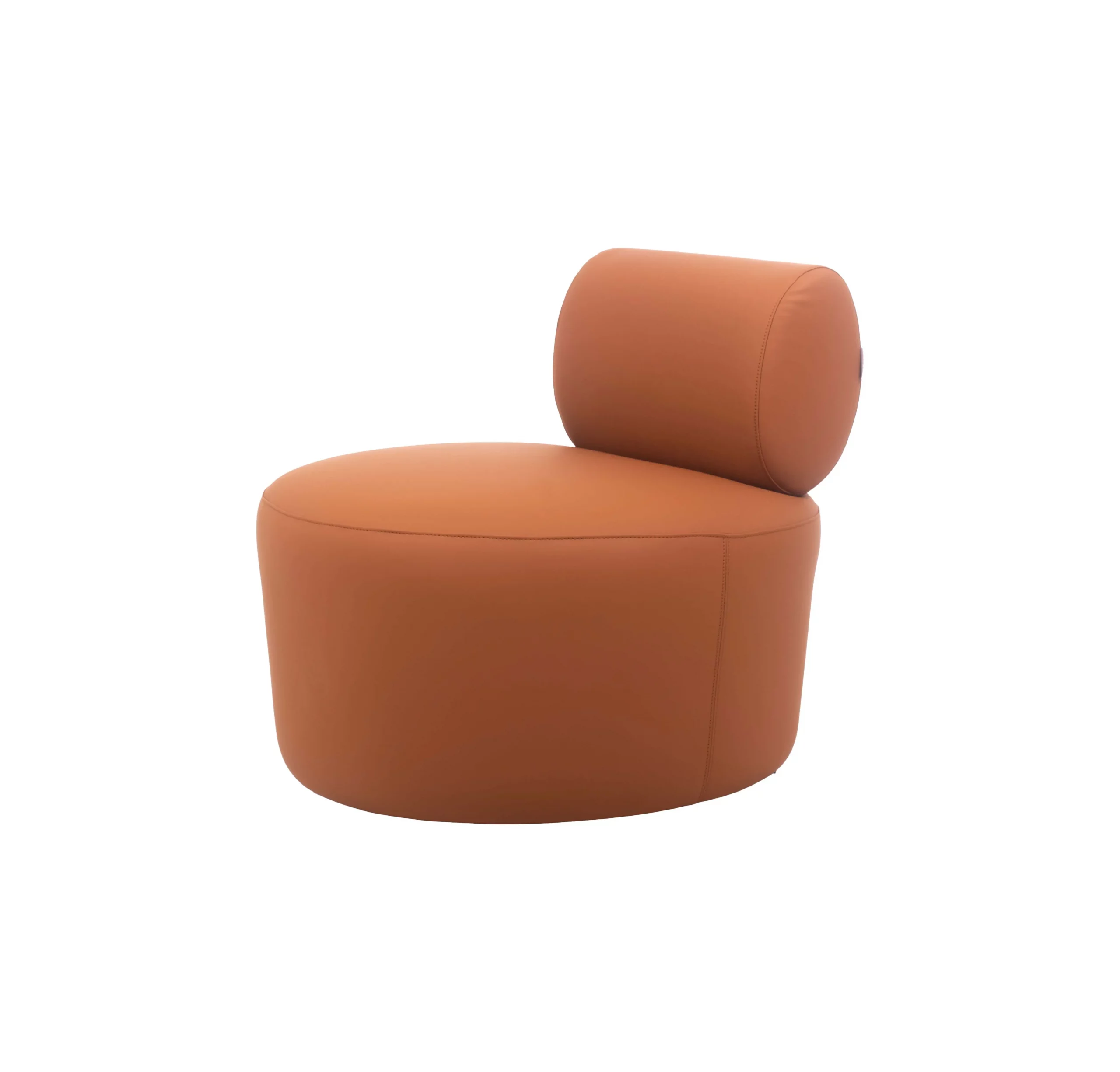 A modern, round, orange chair with a cylindrical backrest on light wood flooring. Background features a plant, striped walls, and a window, creating a sleek, serene ambiance.