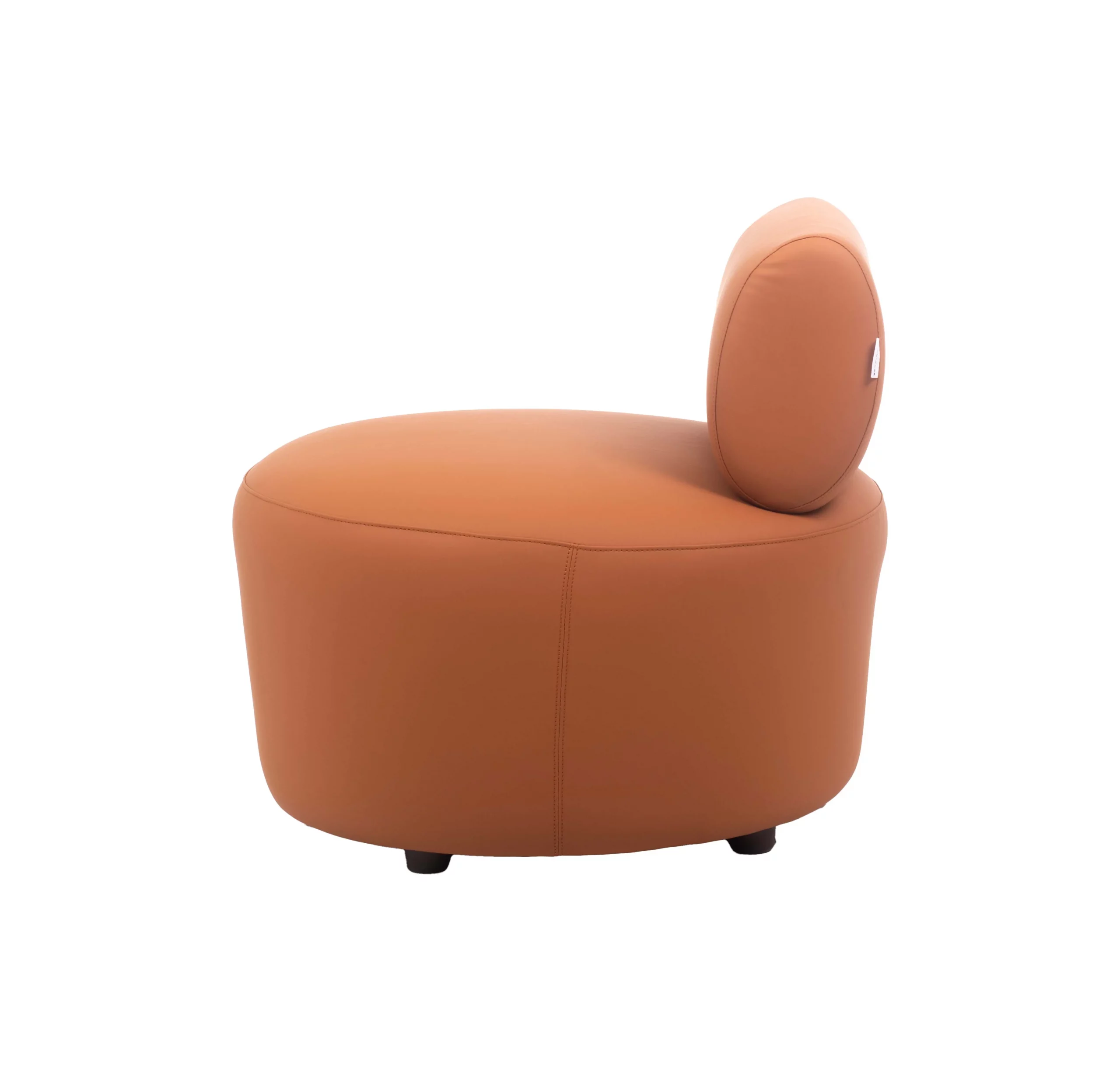 A modern, round, orange chair with a cylindrical backrest on light wood flooring. Background features a plant, striped walls, and a window, creating a sleek, serene ambiance.