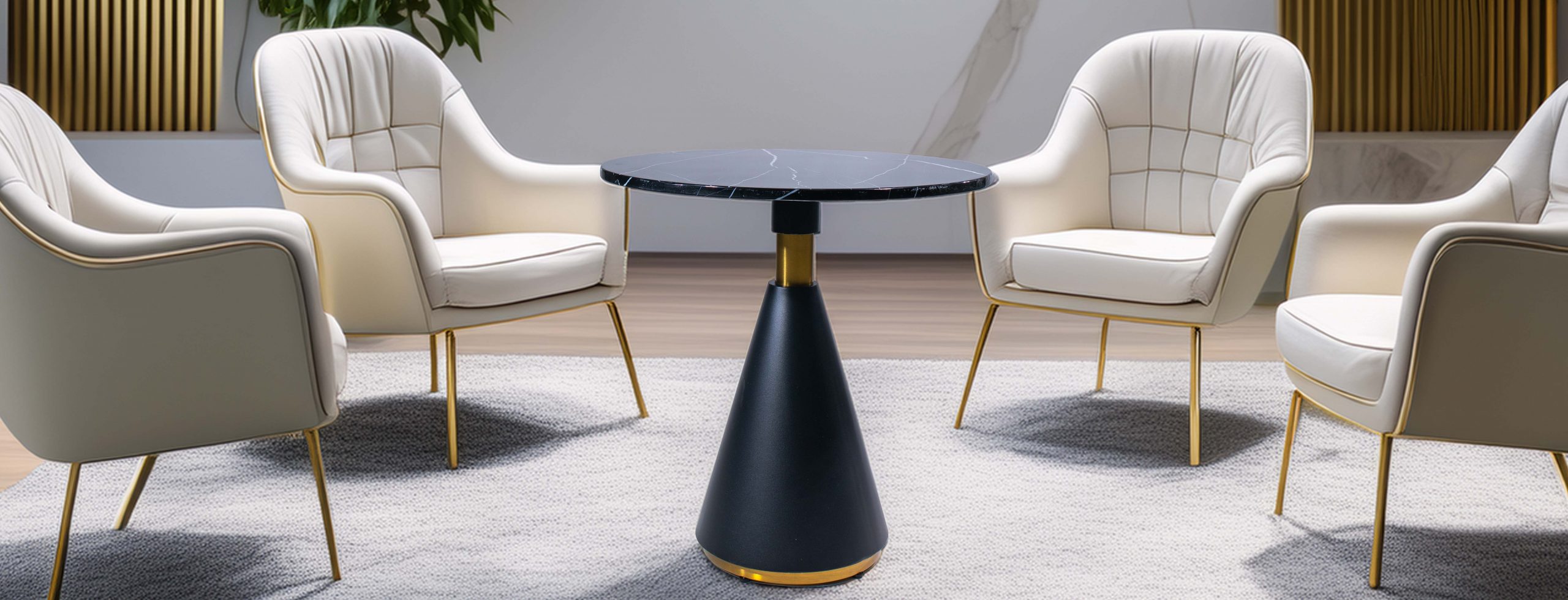 Elegant room setup featuring a black marble table with beige armchairs having gold legs on a light rug. Text overlay discusses lounge tables.
