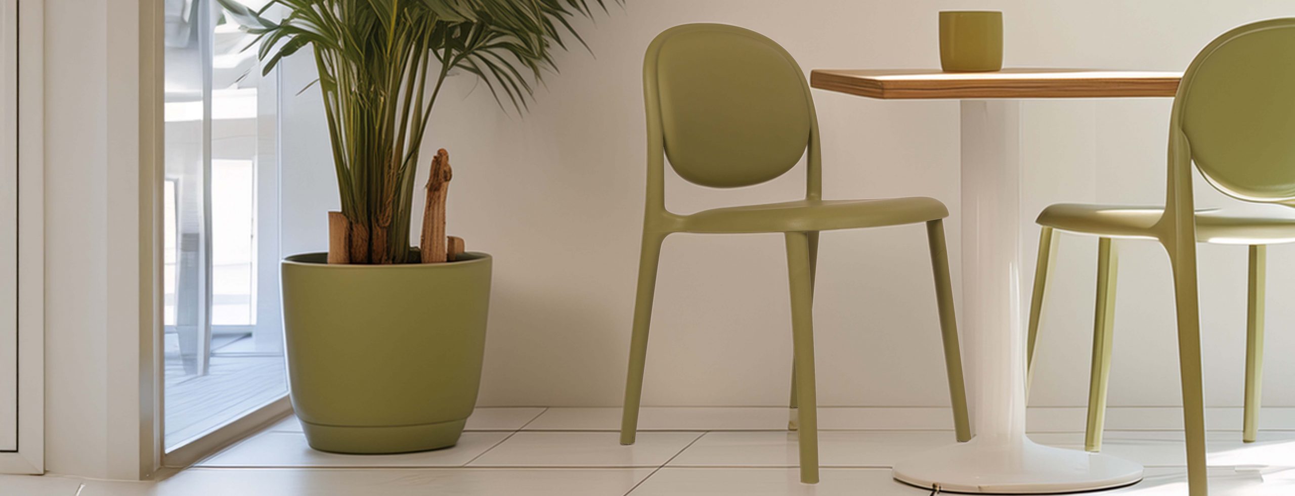 Modern café setting with sleek olive green chairs and a light wood table. A large potted plant adds freshness. Text highlights trendy, durable design.