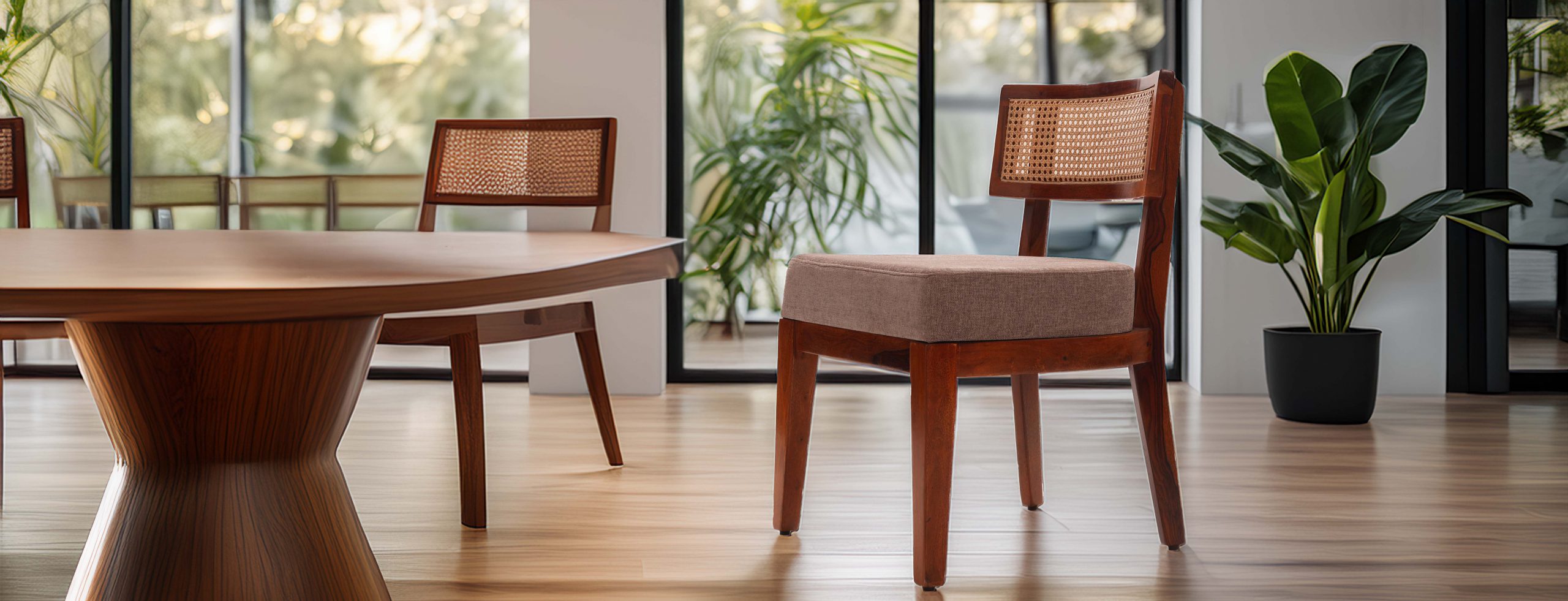 Elegant wooden chair with a woven backrest in a modern room with wooden floors, a large window, and a potted plant.