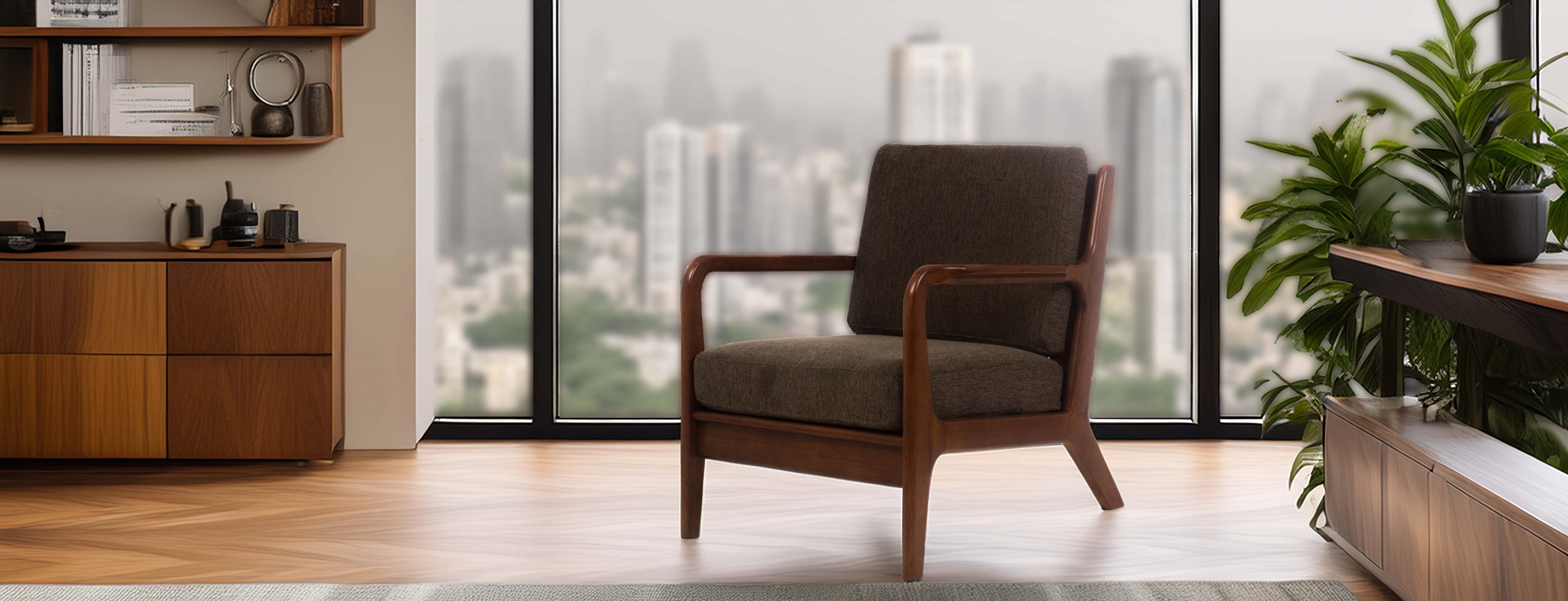 Elegant workspace with a wooden chair and lush plants near large windows. Background shows a blurred cityscape, creating a serene, stylish atmosphere.