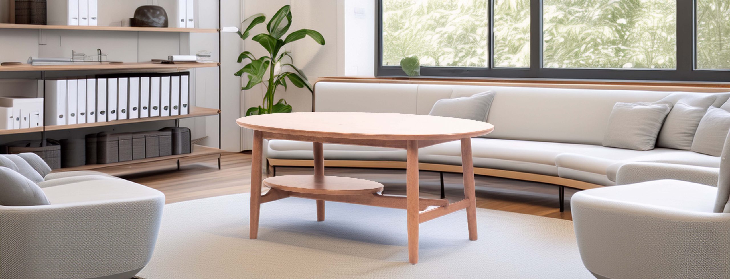 Modern office space with a sleek wooden table centerpiece. Surrounding are white cushioned sofas, lush green plants, and large windows, creating an inviting and elegant ambiance.