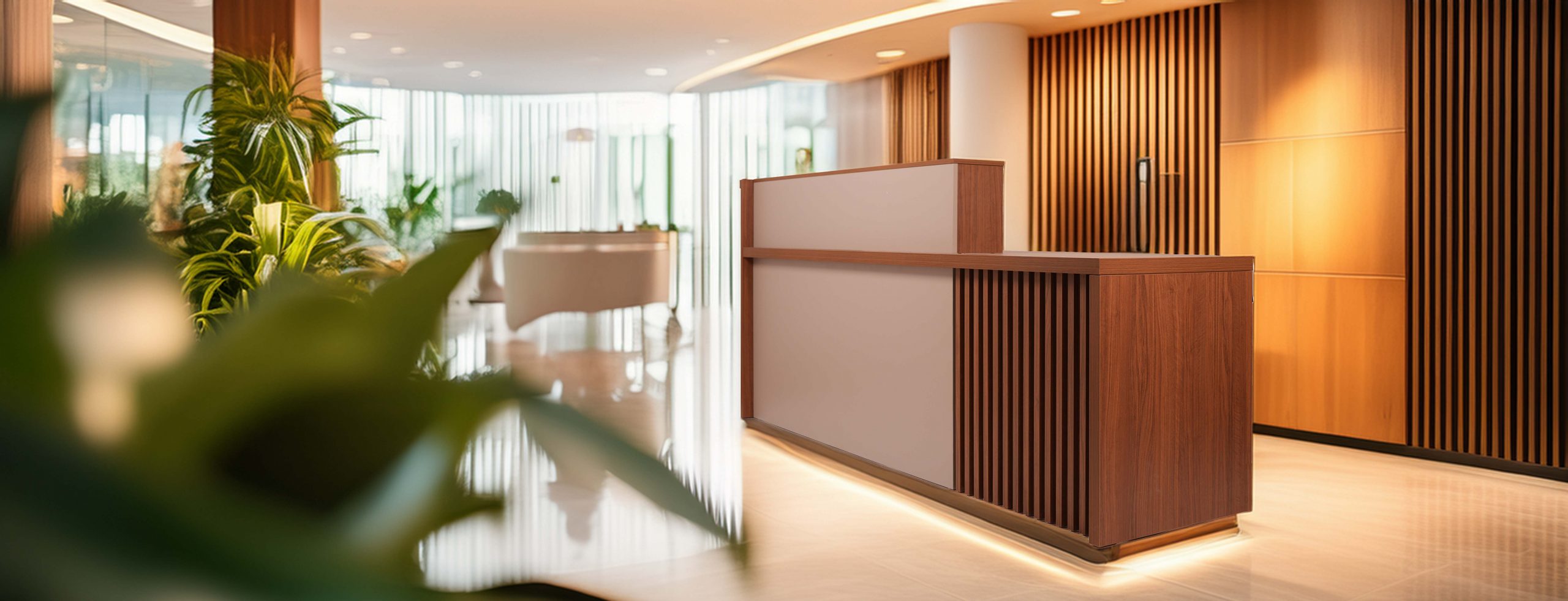Elegant wooden reception desk in a modern office with warm lighting and sleek design, conveying a welcoming and professional atmosphere.