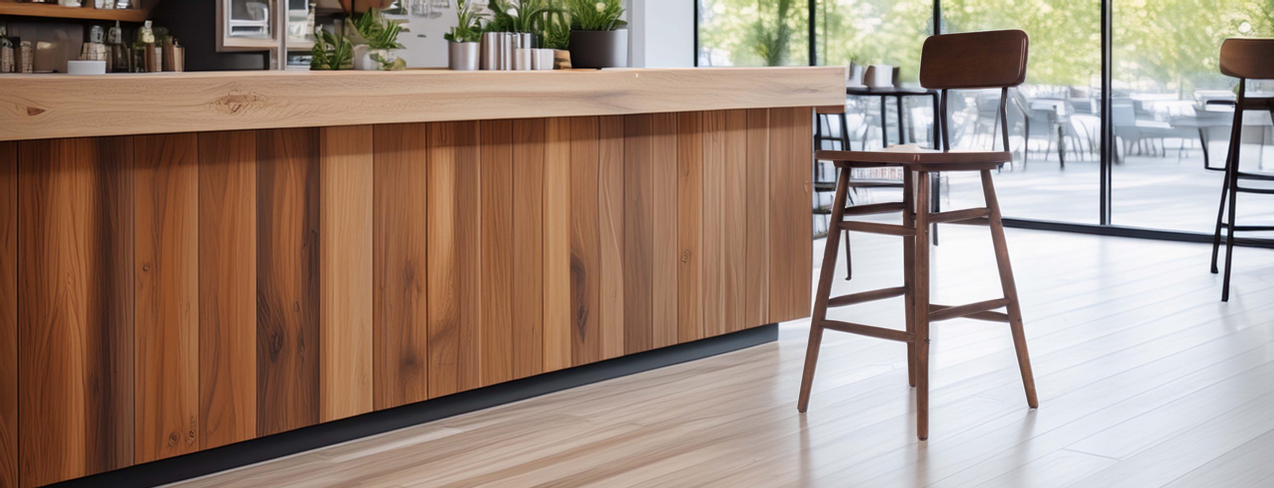 Modern cafe interior with sleek wooden counter and chair, large windows, plants, creating a warm and inviting atmosphere.