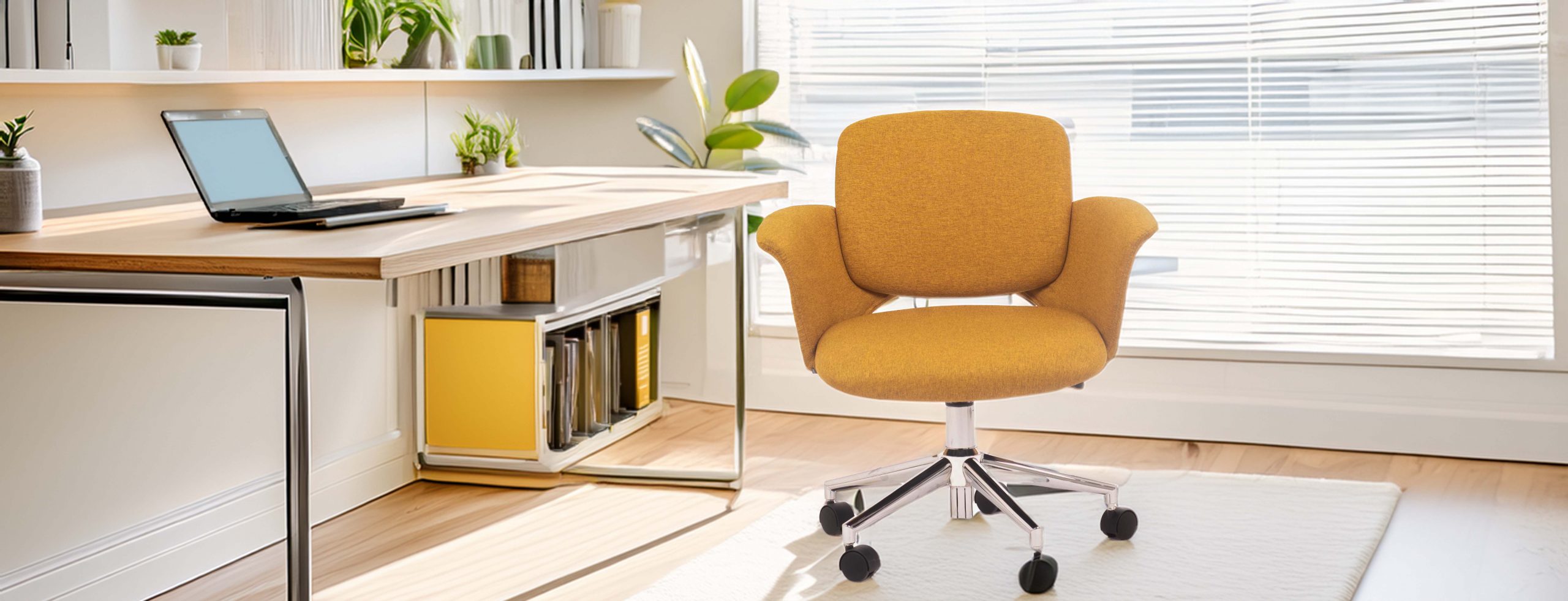 Yellow executive chair by a sleek desk with plants and modern decor. Sunlight streams through blinds creating a bright, professional ambiance.