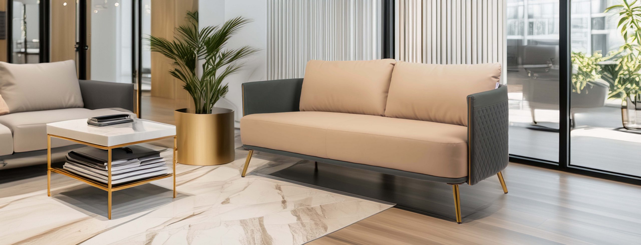 Elegant lounge setting with a beige sofa, gold-legged coffee table, and lush green plant. Sunlit, modern, and inviting space. Text overlay highlights comfort.
