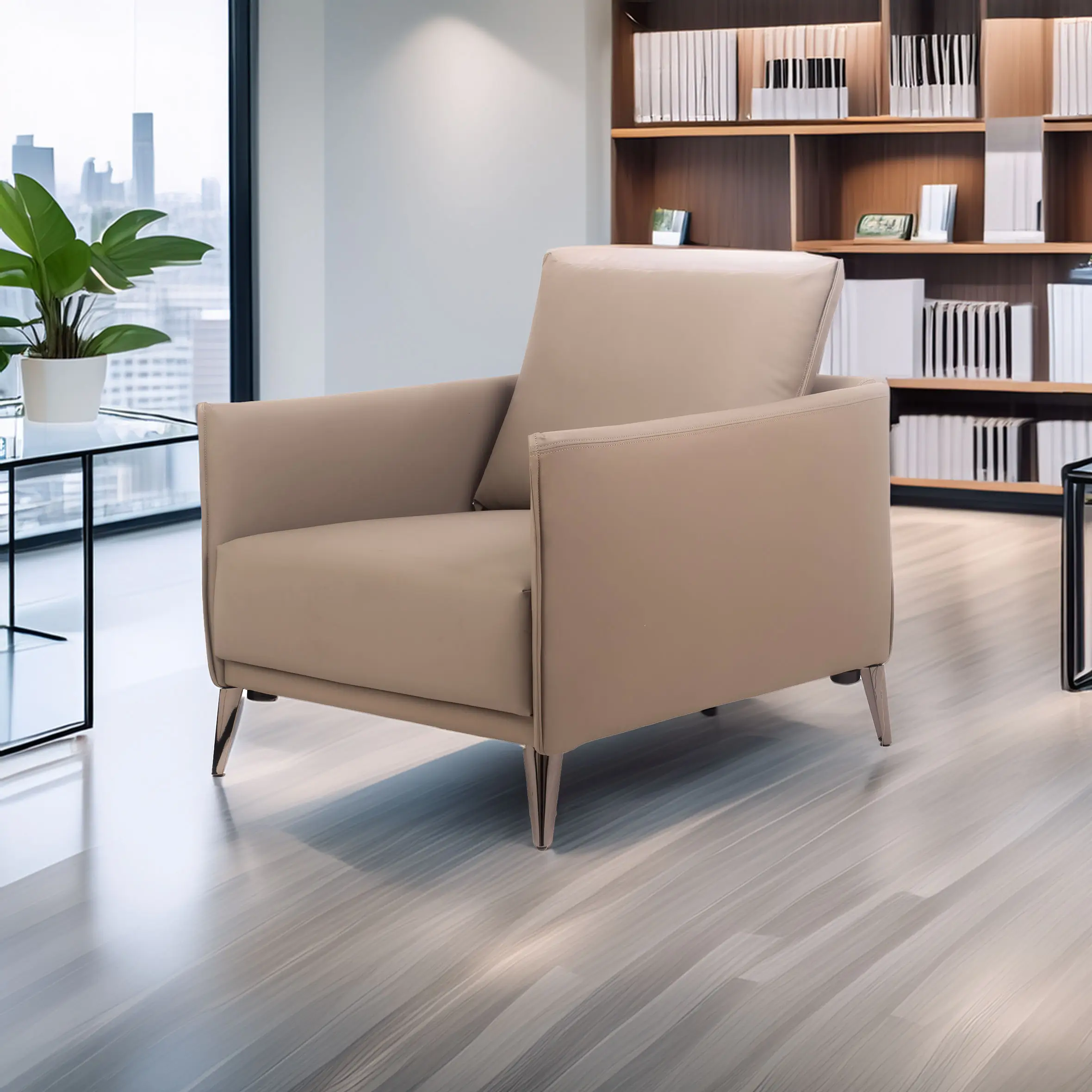 A grey armchair sits in a modern office with wooden floors, a glass table, and a bookshelf filled with books. Large windows reveal a cityscape.