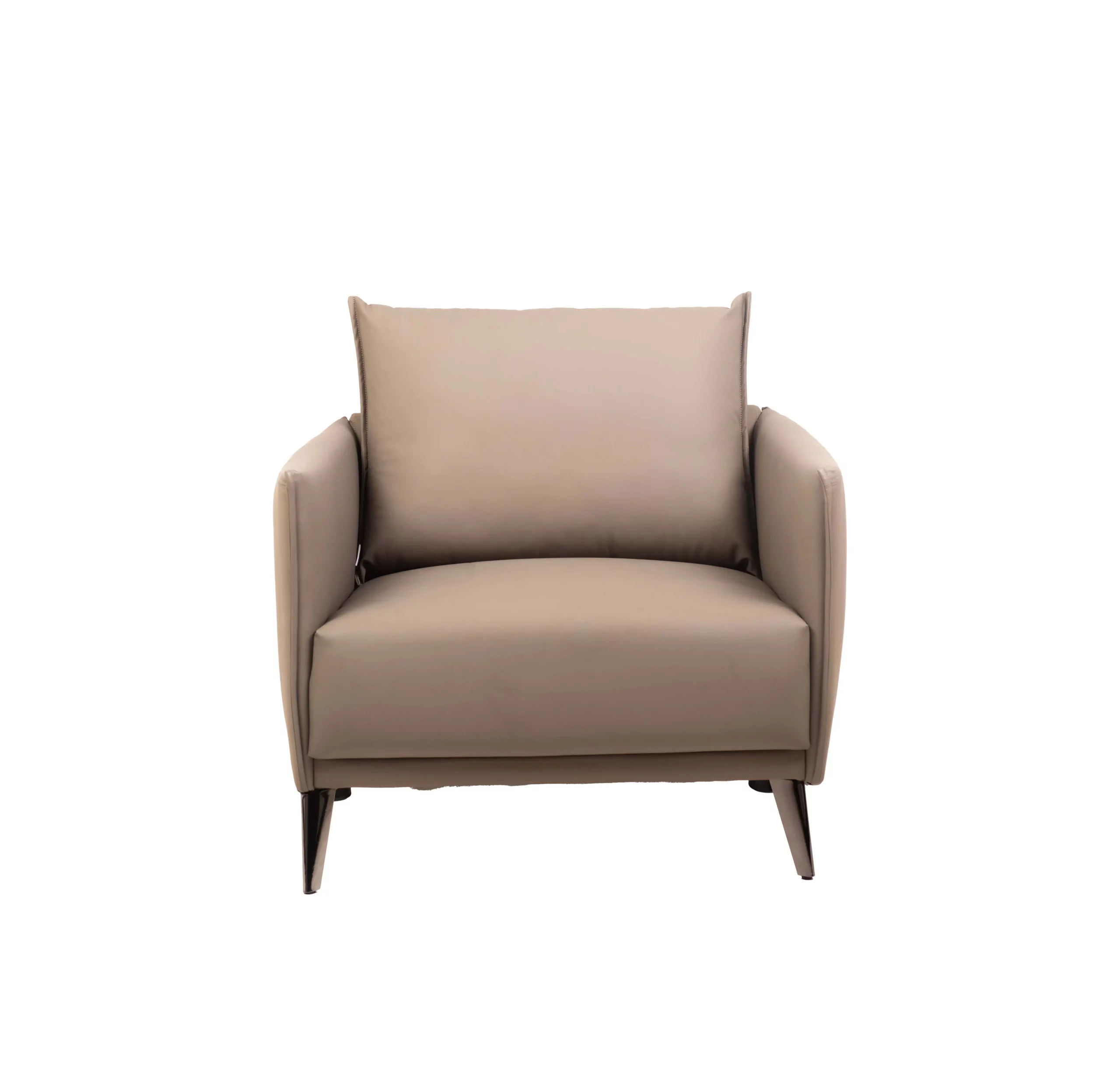 A grey armchair sits in a modern office with wooden floors, a glass table, and a bookshelf filled with books. Large windows reveal a cityscape.