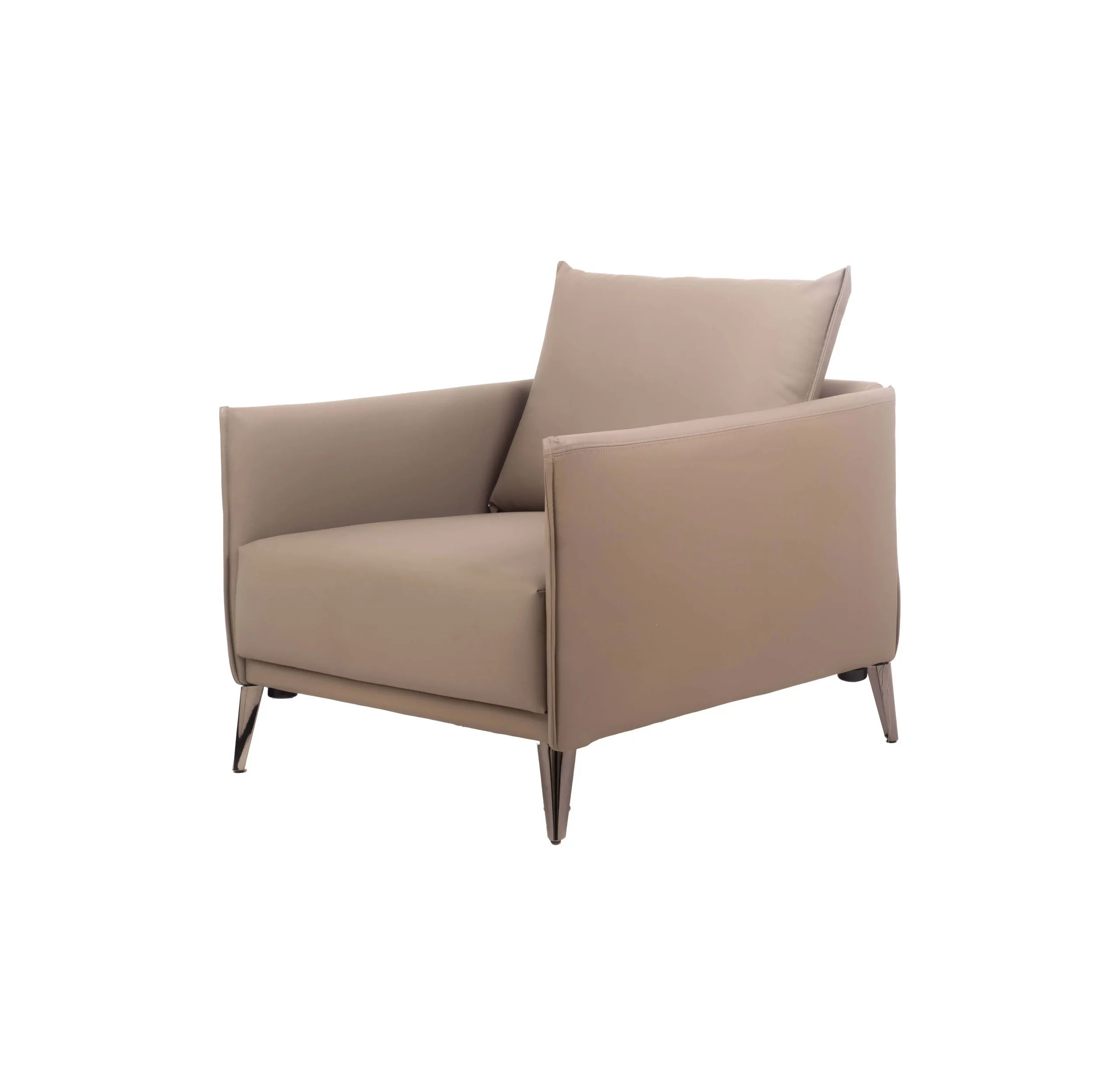 A grey armchair sits in a modern office with wooden floors, a glass table, and a bookshelf filled with books. Large windows reveal a cityscape.