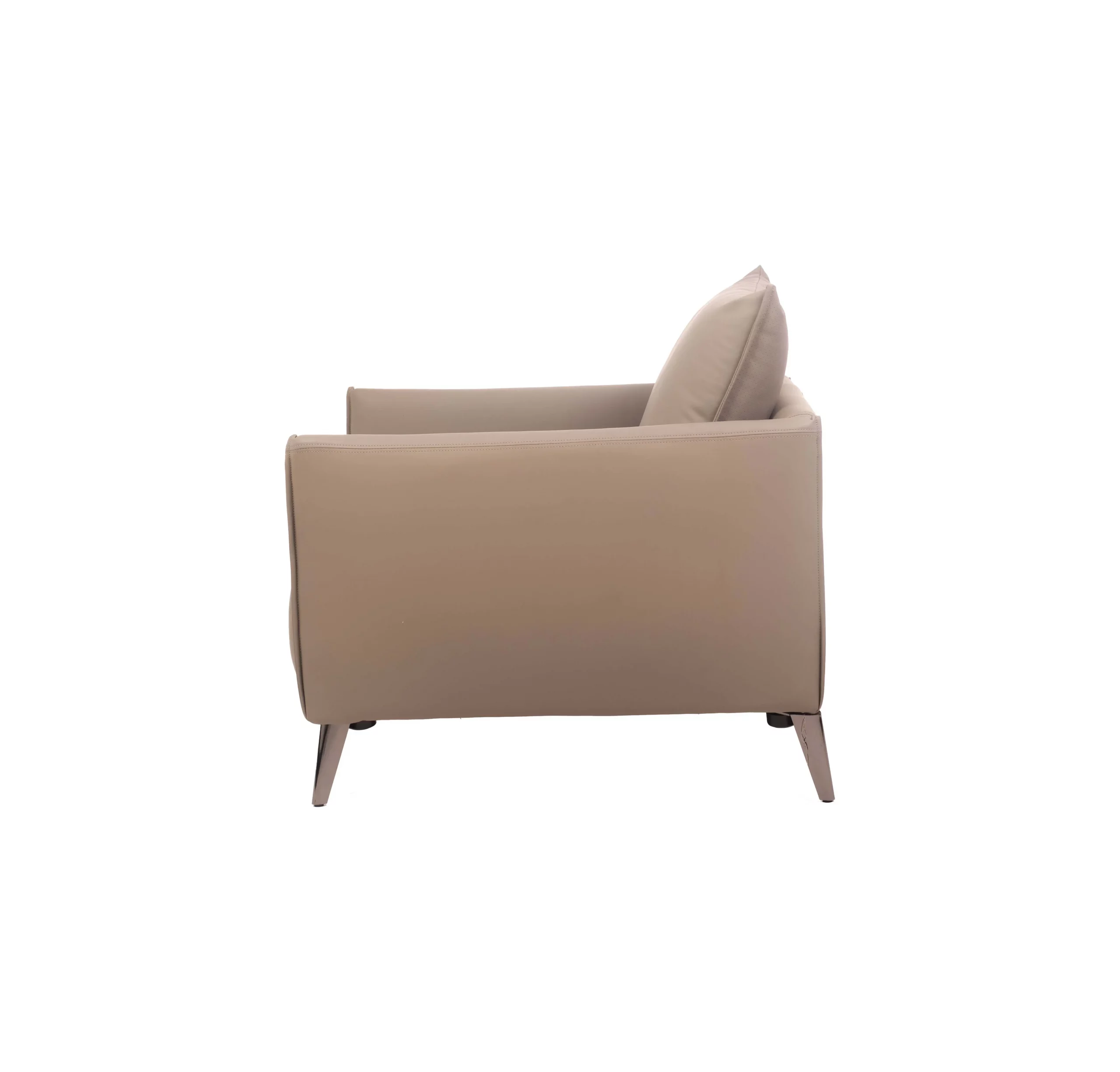 A grey armchair sits in a modern office with wooden floors, a glass table, and a bookshelf filled with books. Large windows reveal a cityscape.