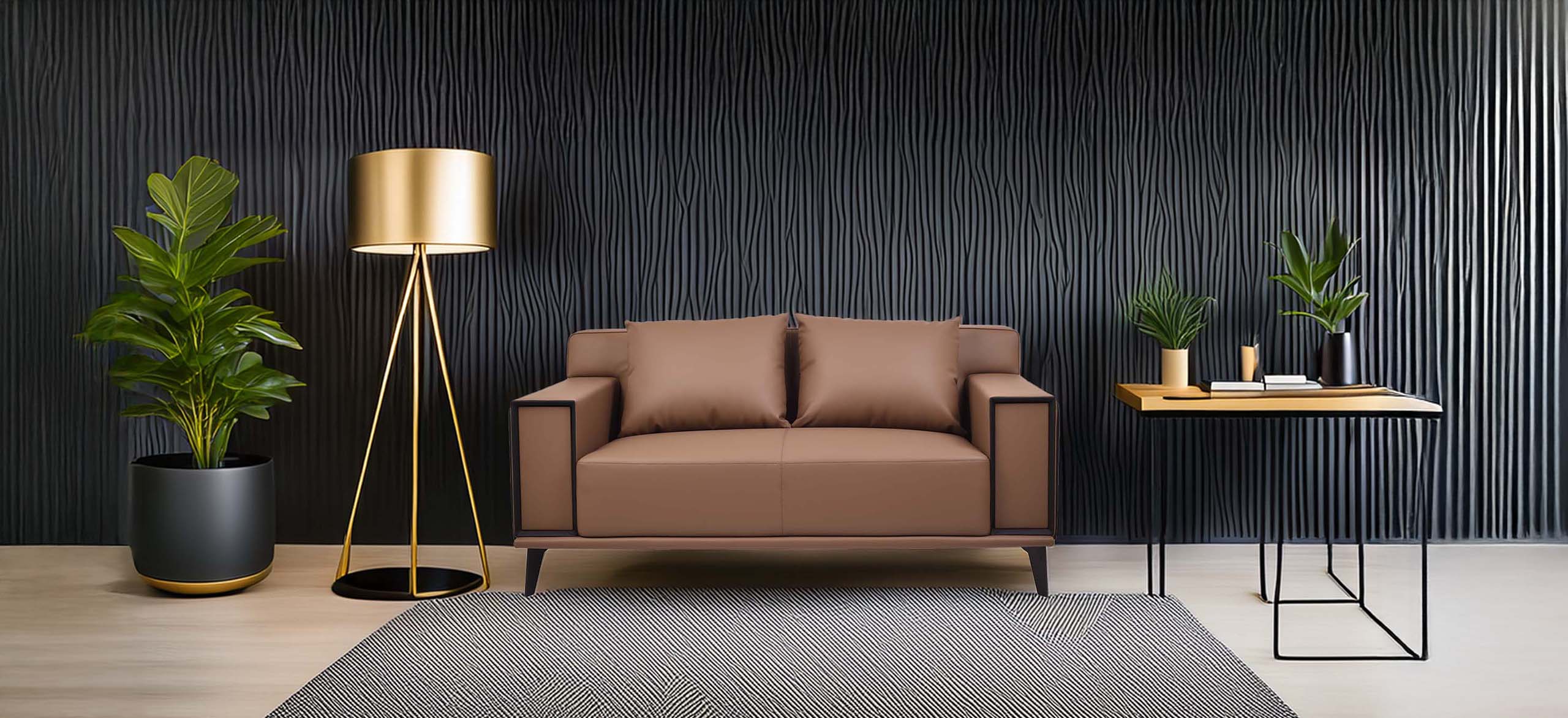 Modern office scene featuring a brown sofa with cushions, surrounded by indoor plants and a tripod lamp.