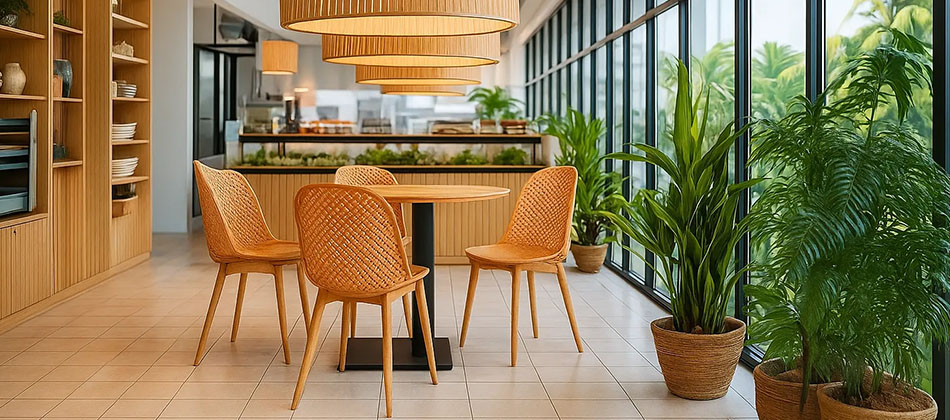 Cozy dining area with wicker chairs around a wooden table, surrounded by lush green plants and floor-to-ceiling windows. Warm, inviting ambiance.